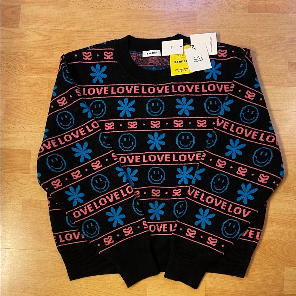 Sandro Black and Pink Graphic Crewneck Sweater , 95% wool, 5% cashemere